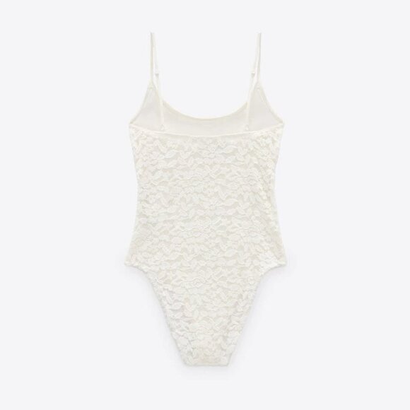 NWOT Zara white floral lace-like sheer / semi-sheer bodysuit, S - Picture 4 of 10